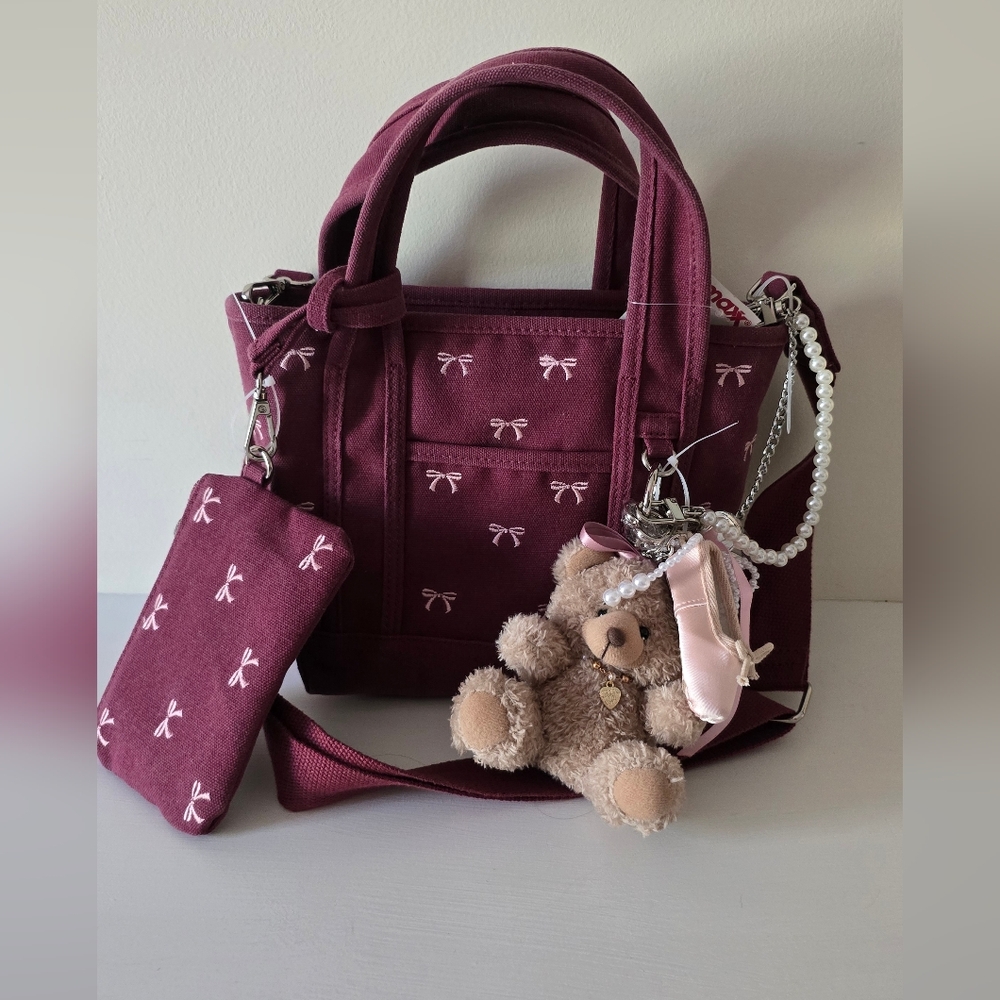 Madden Girl Plum Bow Tote Bag Bundle with Charms & Bear Accessory